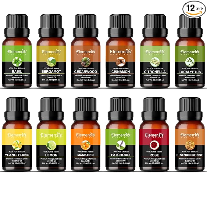 Elemensis Naturals Pure & Natural Basil, Bergamot, Cedarwood, Cinnamon, Frankincense, ylang ylang, Eucalyptus, Mandarin, Lemon, Patchouli, Rose, citronella essential oil, (Combo Pack of 12)